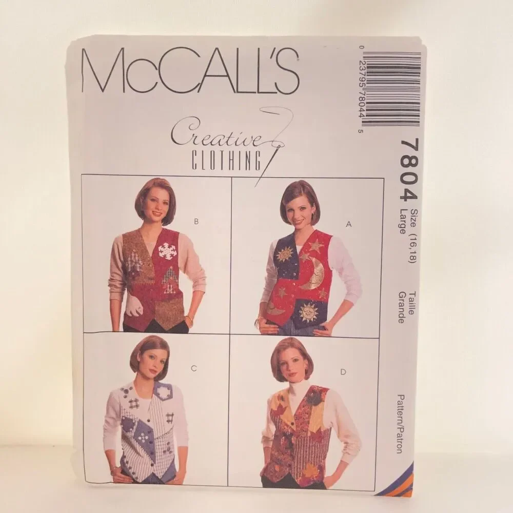 #7804 McCalls Misses Lined Vest and Appliques Sewing Pattern Size L